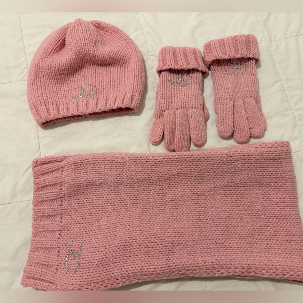 Juicy Couture Pink Knit Hat, Scarf, and Gloves Set